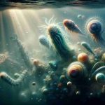 A highly-detailed, realistic image depicting the concept of extraterrestrial life in our oceans. The image presents an underwater scene with mysterious, alien life forms subtly lit by the soft, filtered rays of sunlight from above. These unusual beings display a wide range of vibrant colors and strange anatomical features, hinting at an entire ecosystem of alien life. Perhaps they are new discoveries, their presence unraveling long-standing mysteries about what lives in the depths of our oceans. Swirls of bubbles and flickering aquatic plants add to the overall otherworldly atmosphere.