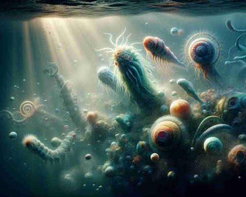 A highly-detailed, realistic image depicting the concept of extraterrestrial life in our oceans. The image presents an underwater scene with mysterious, alien life forms subtly lit by the soft, filtered rays of sunlight from above. These unusual beings display a wide range of vibrant colors and strange anatomical features, hinting at an entire ecosystem of alien life. Perhaps they are new discoveries, their presence unraveling long-standing mysteries about what lives in the depths of our oceans. Swirls of bubbles and flickering aquatic plants add to the overall otherworldly atmosphere.