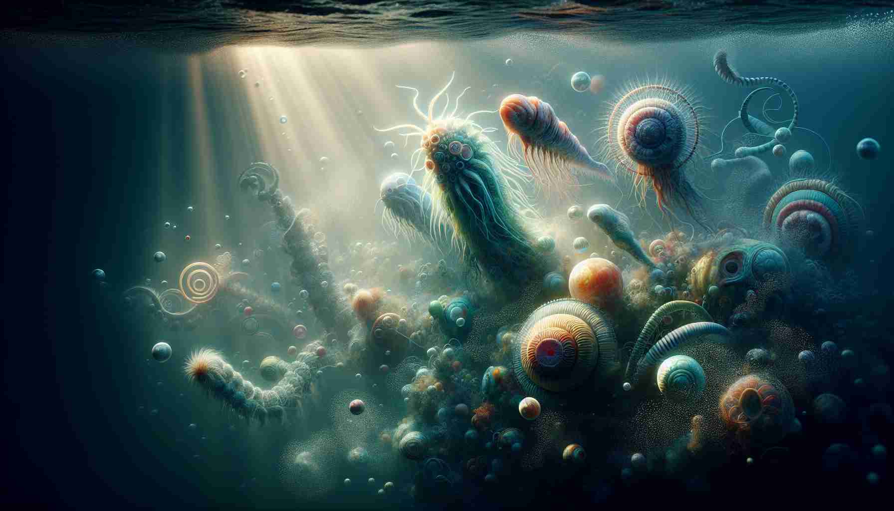 A highly-detailed, realistic image depicting the concept of extraterrestrial life in our oceans. The image presents an underwater scene with mysterious, alien life forms subtly lit by the soft, filtered rays of sunlight from above. These unusual beings display a wide range of vibrant colors and strange anatomical features, hinting at an entire ecosystem of alien life. Perhaps they are new discoveries, their presence unraveling long-standing mysteries about what lives in the depths of our oceans. Swirls of bubbles and flickering aquatic plants add to the overall otherworldly atmosphere.