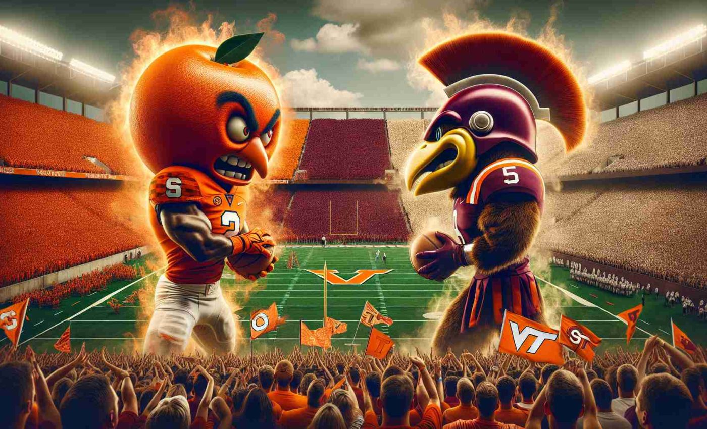 Generate a hyper-realistic, high-definition image representing a large-scale athletic event. In this event, two fiercely competitive college sports teams are clashing on the green field, symbolically represented by the colors and mascots of both teams. To the left, we see the symbolism of a fiery orange fruit, representing Syracuse, and on the right, we see a spirited, robust hokie bird, embodying Virginia Tech. Fans of both teams, wearing their respective colors, fill the bleachers, waving flags and banners. The mood is tense, charged with the anticipation of a tight game day showdown.