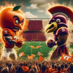 Generate a hyper-realistic, high-definition image representing a large-scale athletic event. In this event, two fiercely competitive college sports teams are clashing on the green field, symbolically represented by the colors and mascots of both teams. To the left, we see the symbolism of a fiery orange fruit, representing Syracuse, and on the right, we see a spirited, robust hokie bird, embodying Virginia Tech. Fans of both teams, wearing their respective colors, fill the bleachers, waving flags and banners. The mood is tense, charged with the anticipation of a tight game day showdown.