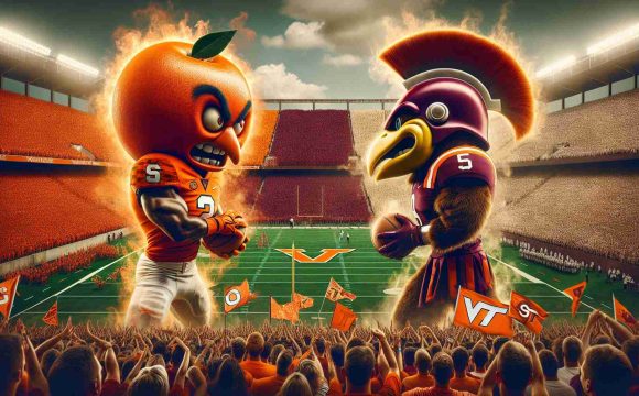 Generate a hyper-realistic, high-definition image representing a large-scale athletic event. In this event, two fiercely competitive college sports teams are clashing on the green field, symbolically represented by the colors and mascots of both teams. To the left, we see the symbolism of a fiery orange fruit, representing Syracuse, and on the right, we see a spirited, robust hokie bird, embodying Virginia Tech. Fans of both teams, wearing their respective colors, fill the bleachers, waving flags and banners. The mood is tense, charged with the anticipation of a tight game day showdown.