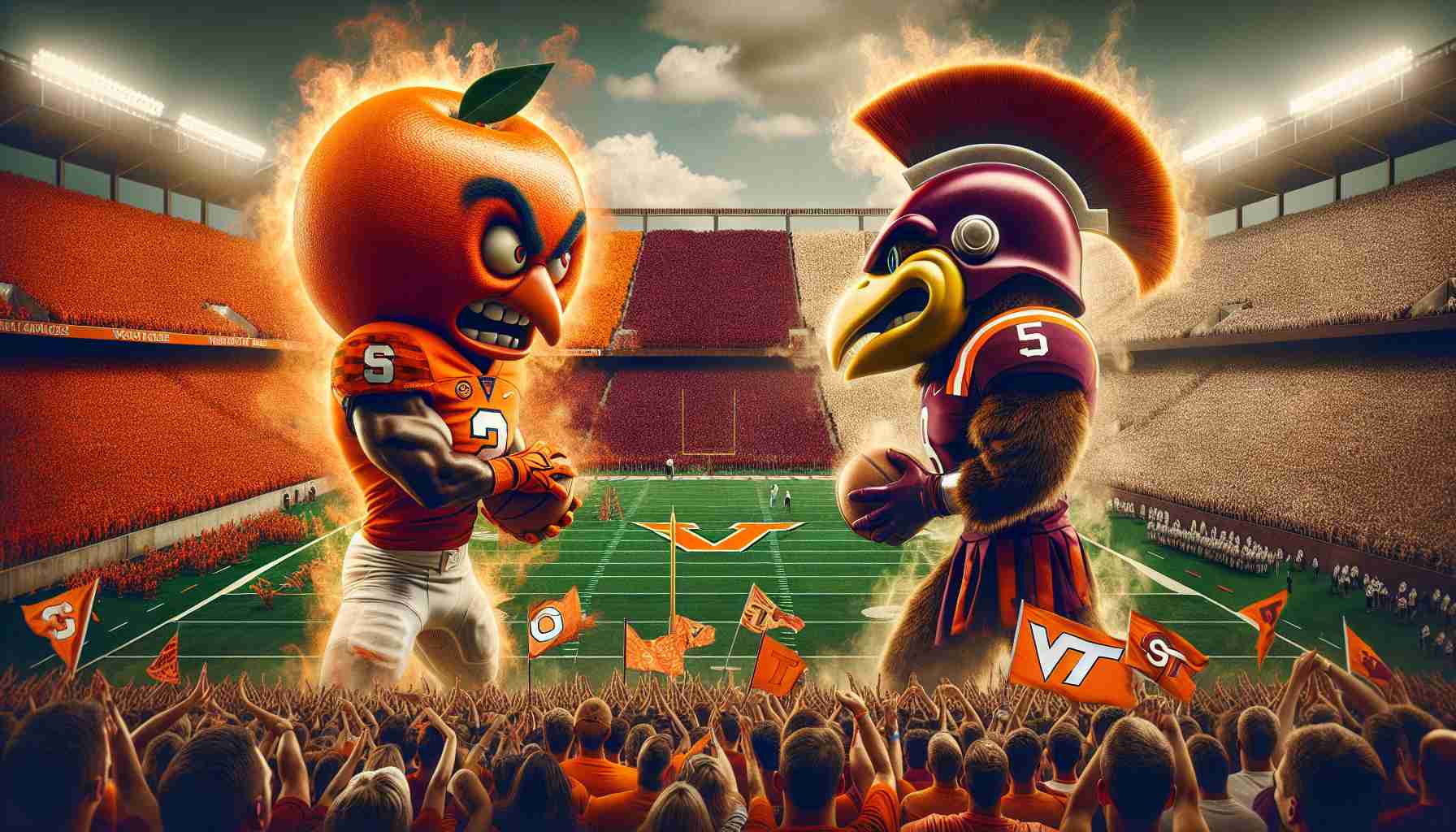 Generate a hyper-realistic, high-definition image representing a large-scale athletic event. In this event, two fiercely competitive college sports teams are clashing on the green field, symbolically represented by the colors and mascots of both teams. To the left, we see the symbolism of a fiery orange fruit, representing Syracuse, and on the right, we see a spirited, robust hokie bird, embodying Virginia Tech. Fans of both teams, wearing their respective colors, fill the bleachers, waving flags and banners. The mood is tense, charged with the anticipation of a tight game day showdown.