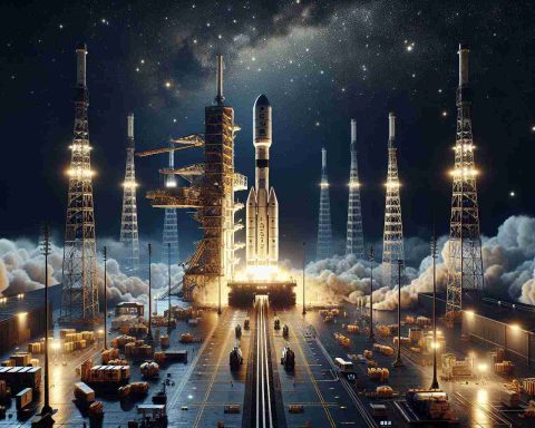 Realistic full HD image depicting the setting for the launch of a space organization's highly anticipated sun observation mission, set to take place in December. The scene incorporates an expansive view of the launchpad, surrounded by equipments, structures, and staff. A mammoth rocket, designed for solar observation, towers into the frame against a background of sparkling stars and the dark night sky. The scene also includes a countdown timer, reflecting anticipation towards the imminent launch. Ensure to include realistic textures and lighting to capture the essence of the moment.