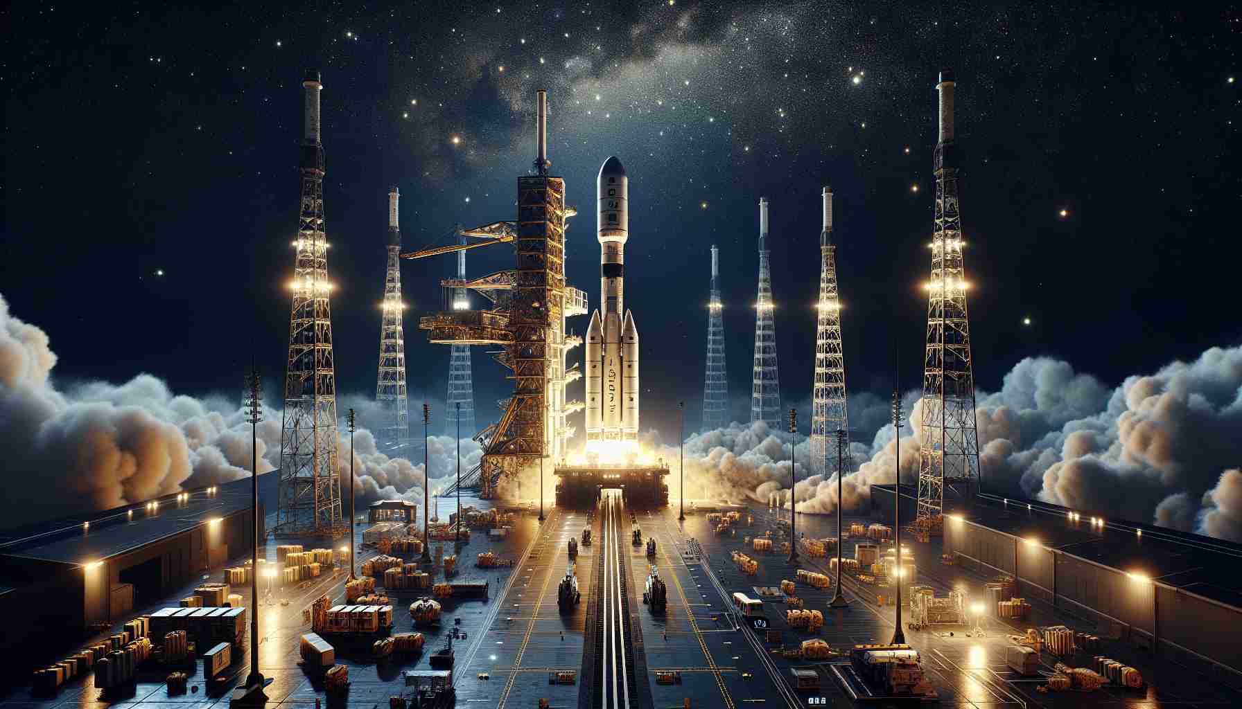 Realistic full HD image depicting the setting for the launch of a space organization's highly anticipated sun observation mission, set to take place in December. The scene incorporates an expansive view of the launchpad, surrounded by equipments, structures, and staff. A mammoth rocket, designed for solar observation, towers into the frame against a background of sparkling stars and the dark night sky. The scene also includes a countdown timer, reflecting anticipation towards the imminent launch. Ensure to include realistic textures and lighting to capture the essence of the moment.