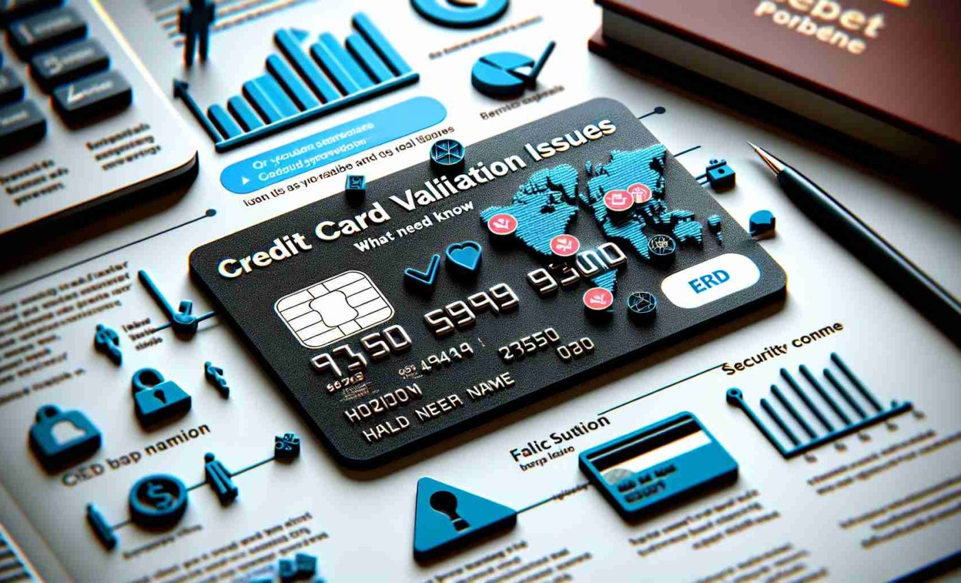 A detailed image depicting the concept of 'Credit Card Validation Issues: What You Need to Know'. Picture might include a realistic and HD representation of a generic credit card (incorporating fictitious and non-usable data like a false card number, holder name and security code) featuring error symbols or icons implying validation issues. This could also contain a book or guide on the side titled 'What You Need to Know' explaining the reasons and solutions related to card validation problems.