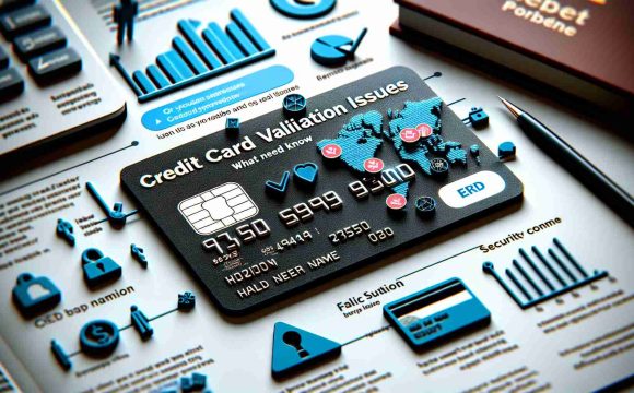 A detailed image depicting the concept of 'Credit Card Validation Issues: What You Need to Know'. Picture might include a realistic and HD representation of a generic credit card (incorporating fictitious and non-usable data like a false card number, holder name and security code) featuring error symbols or icons implying validation issues. This could also contain a book or guide on the side titled 'What You Need to Know' explaining the reasons and solutions related to card validation problems.