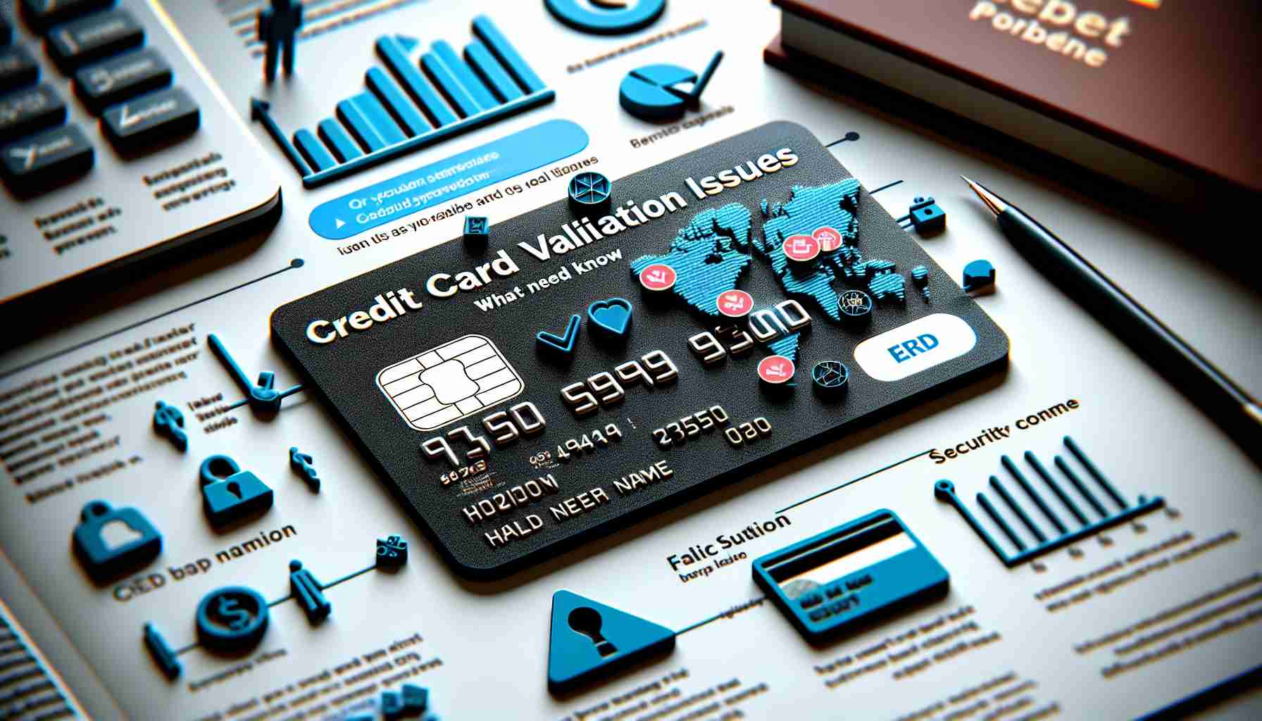 A detailed image depicting the concept of 'Credit Card Validation Issues: What You Need to Know'. Picture might include a realistic and HD representation of a generic credit card (incorporating fictitious and non-usable data like a false card number, holder name and security code) featuring error symbols or icons implying validation issues. This could also contain a book or guide on the side titled 'What You Need to Know' explaining the reasons and solutions related to card validation problems.