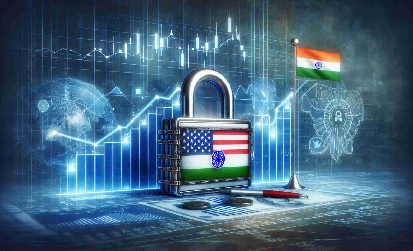 A high-definition, realistic image of a concept illustration for a guide on how to invest in US stocks from India. The image might show elements such as a lock with the symbol of the American stock market, alongside the Indian flag. Graphic elements might also include graphs representing stock market trends and financial charts, implying the depth and complexity of this subject matter. The visualization might reflect curiosity, knowledge and global economics.