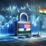 A high-definition, realistic image of a concept illustration for a guide on how to invest in US stocks from India. The image might show elements such as a lock with the symbol of the American stock market, alongside the Indian flag. Graphic elements might also include graphs representing stock market trends and financial charts, implying the depth and complexity of this subject matter. The visualization might reflect curiosity, knowledge and global economics.