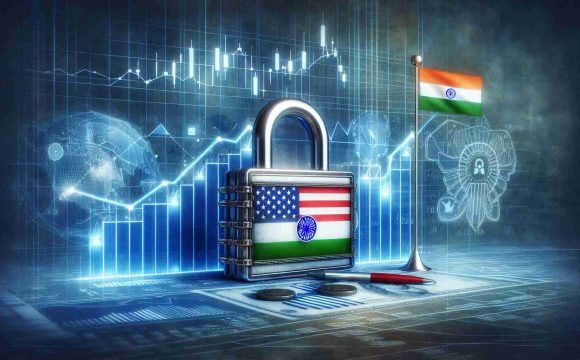 A high-definition, realistic image of a concept illustration for a guide on how to invest in US stocks from India. The image might show elements such as a lock with the symbol of the American stock market, alongside the Indian flag. Graphic elements might also include graphs representing stock market trends and financial charts, implying the depth and complexity of this subject matter. The visualization might reflect curiosity, knowledge and global economics.