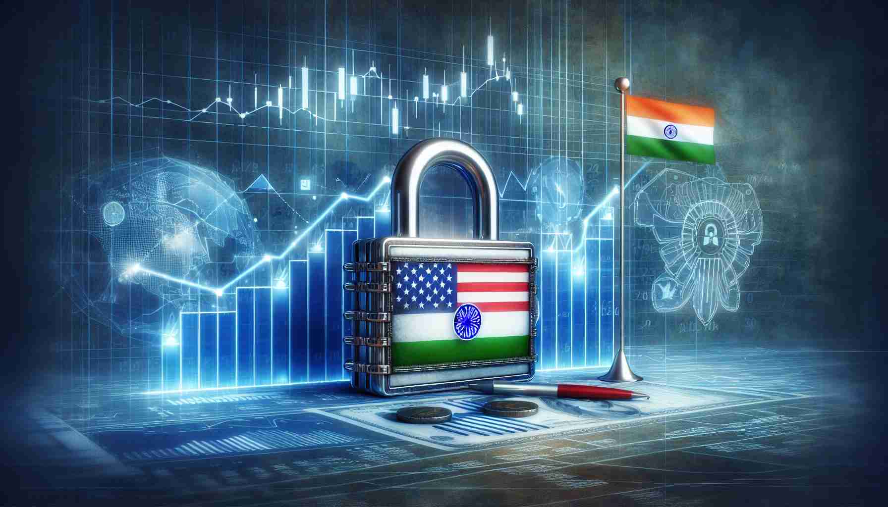 A high-definition, realistic image of a concept illustration for a guide on how to invest in US stocks from India. The image might show elements such as a lock with the symbol of the American stock market, alongside the Indian flag. Graphic elements might also include graphs representing stock market trends and financial charts, implying the depth and complexity of this subject matter. The visualization might reflect curiosity, knowledge and global economics.