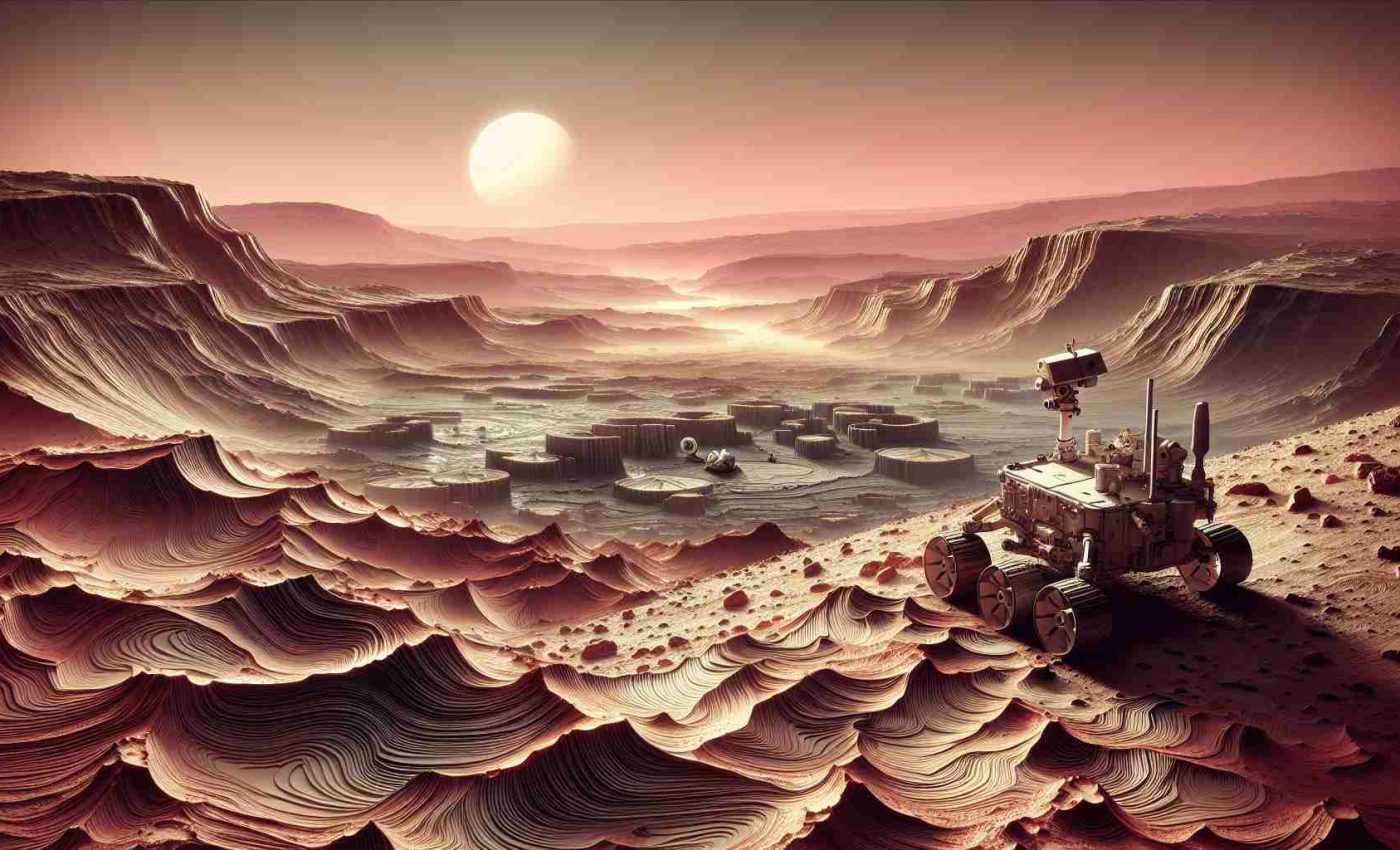 A detailed depiction in high definition of Mars being scientifically studied for evidences of an ancient ocean. In the foreground, a layered Martian landscape which may have been eroded by water, and a rover meticulously exploring the area. In the background, the Martian sky tinted a pinkish hue due to high iron content in the planet's dust.