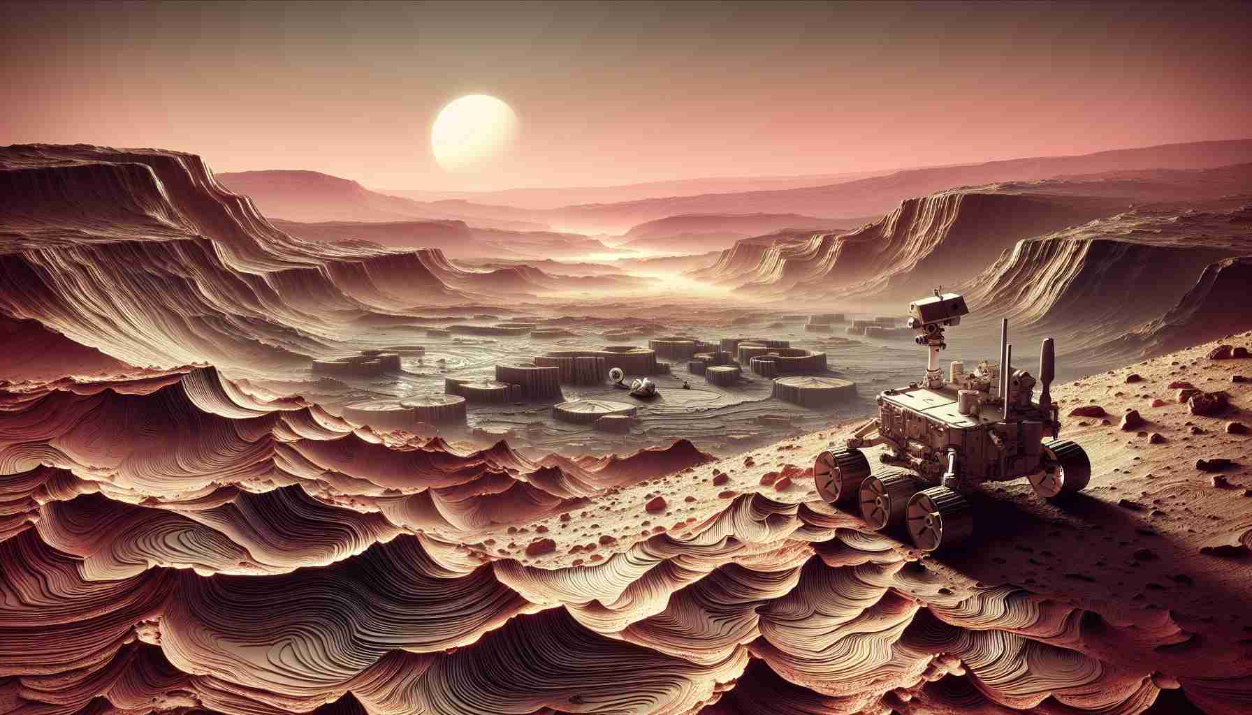 A detailed depiction in high definition of Mars being scientifically studied for evidences of an ancient ocean. In the foreground, a layered Martian landscape which may have been eroded by water, and a rover meticulously exploring the area. In the background, the Martian sky tinted a pinkish hue due to high iron content in the planet's dust.