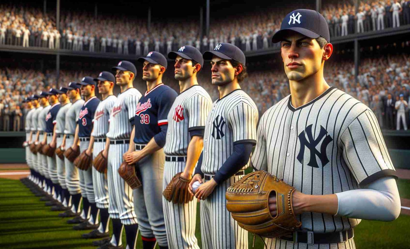 Realistic HD image showcasing a long-anticipated reunion between the members of a popular baseball team, dressed in recognizable pinstriped uniforms, signifying their association with New York, and a renowned male baseball player known for his powerful pitching prowess. The setting is a bustling stadium filled with enthusiastic fans. The teams are ready for the match, their expressions combined of determination and camaraderie.