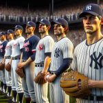 Realistic HD image showcasing a long-anticipated reunion between the members of a popular baseball team, dressed in recognizable pinstriped uniforms, signifying their association with New York, and a renowned male baseball player known for his powerful pitching prowess. The setting is a bustling stadium filled with enthusiastic fans. The teams are ready for the match, their expressions combined of determination and camaraderie.