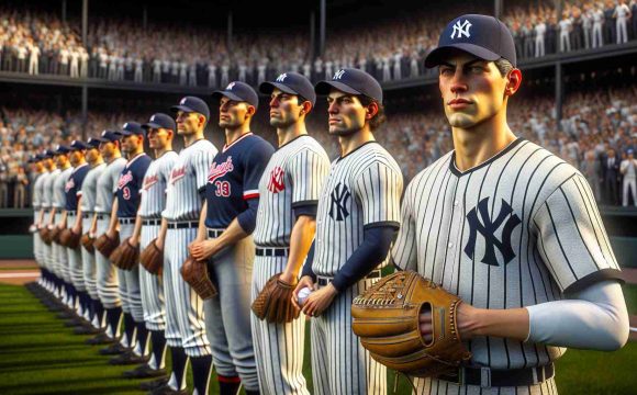 Realistic HD image showcasing a long-anticipated reunion between the members of a popular baseball team, dressed in recognizable pinstriped uniforms, signifying their association with New York, and a renowned male baseball player known for his powerful pitching prowess. The setting is a bustling stadium filled with enthusiastic fans. The teams are ready for the match, their expressions combined of determination and camaraderie.