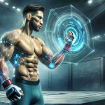 A realistic, high-definition illustration of a muscular professional male mixed martial artist, evoking the physique and style of well-known fighters without mirroring anyone specific. He is engaging with a futuristic, artificial intelligence interface that's superimposed over a mixed martial arts octagon. The air is electrified with the question: 'A Game Changer? The Future of Mixed Martial Arts Revealed'