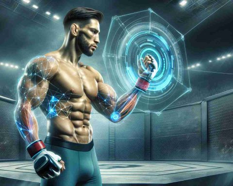 A realistic, high-definition illustration of a muscular professional male mixed martial artist, evoking the physique and style of well-known fighters without mirroring anyone specific. He is engaging with a futuristic, artificial intelligence interface that's superimposed over a mixed martial arts octagon. The air is electrified with the question: 'A Game Changer? The Future of Mixed Martial Arts Revealed'