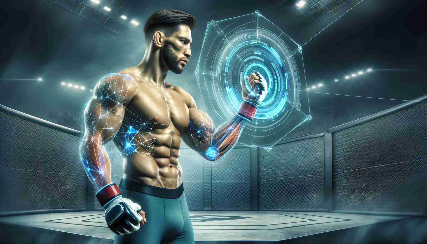 A realistic, high-definition illustration of a muscular professional male mixed martial artist, evoking the physique and style of well-known fighters without mirroring anyone specific. He is engaging with a futuristic, artificial intelligence interface that's superimposed over a mixed martial arts octagon. The air is electrified with the question: 'A Game Changer? The Future of Mixed Martial Arts Revealed'