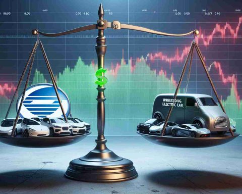 A realistic high-definition image symbolizing the competitive battlefield of electric vehicle stocks. It shows a balance scale with generic branding from an underdog electric car company on one side, that could deliver a surprising performance, and established electric vehicle brands on the other. The backdrop includes a stock market graph showing dynamic changes.