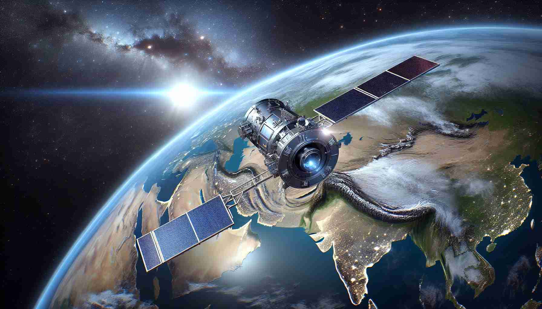 A photorealistic, high definition image showcasing the future of global surveillance: the latest satellite floating in outer space, rumored to be of Russian origin. The satellite is depicted against a backdrop of a stunningly detailed view of our planet Earth.