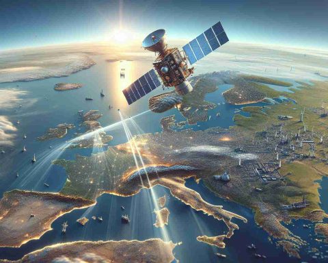 Realistic, high-definition image depicting a satellite trial aimed at enhancing connectivity across Europe in the era of revolution. The satellite hovers high in the clear sky, transmitting invisible signals, while below, the panorama of Europe is spread out. Prominent landmarks and terrains are visible. The event is a symbol of great development and technological advancements.