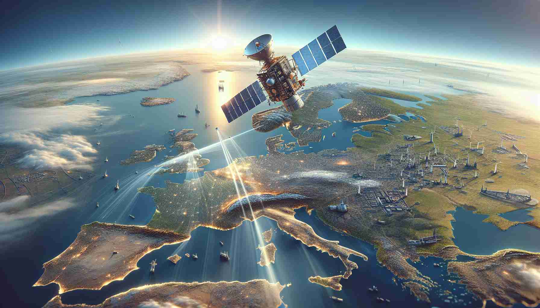 Realistic, high-definition image depicting a satellite trial aimed at enhancing connectivity across Europe in the era of revolution. The satellite hovers high in the clear sky, transmitting invisible signals, while below, the panorama of Europe is spread out. Prominent landmarks and terrains are visible. The event is a symbol of great development and technological advancements.