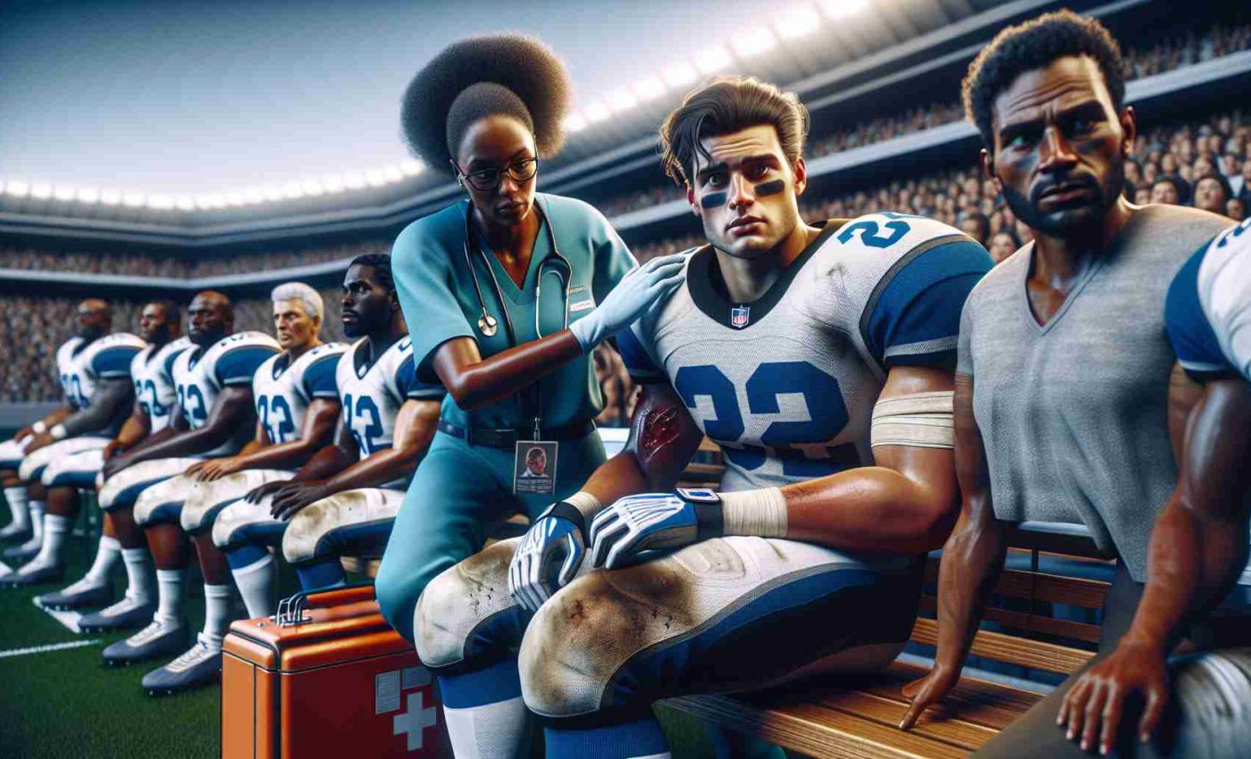 Generate a realistic high-definition image of a scene from an American Football game. One of the key linebackers - a Caucasian individual - is sitting on the bench, looking visibly injured. The medic, a Black woman, is tending his injury. In contrast, a newly added player to the team, portrayed as a Middle-Eastern man, is rising in the scene, indicating his readiness and eagerness to play. The back-drop is filled with the typical stadium environment and the spectators are a mix of people with diverse descents and genders.