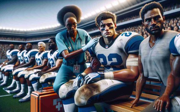 Generate a realistic high-definition image of a scene from an American Football game. One of the key linebackers - a Caucasian individual - is sitting on the bench, looking visibly injured. The medic, a Black woman, is tending his injury. In contrast, a newly added player to the team, portrayed as a Middle-Eastern man, is rising in the scene, indicating his readiness and eagerness to play. The back-drop is filled with the typical stadium environment and the spectators are a mix of people with diverse descents and genders.