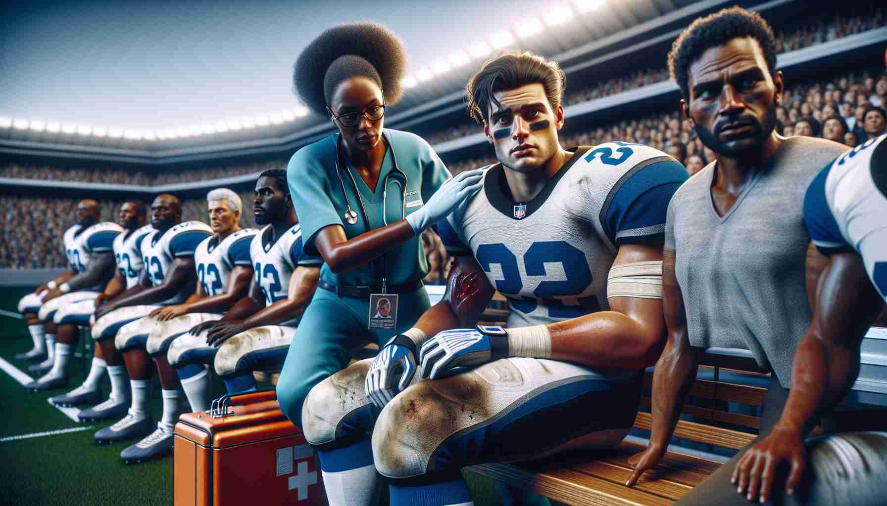 Generate a realistic high-definition image of a scene from an American Football game. One of the key linebackers - a Caucasian individual - is sitting on the bench, looking visibly injured. The medic, a Black woman, is tending his injury. In contrast, a newly added player to the team, portrayed as a Middle-Eastern man, is rising in the scene, indicating his readiness and eagerness to play. The back-drop is filled with the typical stadium environment and the spectators are a mix of people with diverse descents and genders.