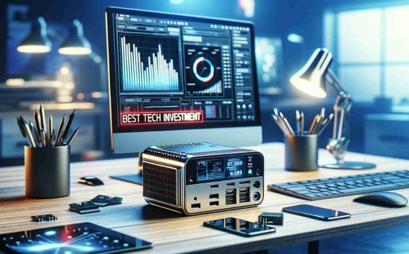 Generate a realistic high-definition image of a modern miniature computer. It should be sleek, compact, and metallic. The compact machine should have various ports that signify its high-tech capabilities. The setting is a home office environment with a modern desk, computer peripherals, and other tech gadgets around it. On the screen of the computer a graph is projected implying its efficiency and productivity. On the bottom-right hand corner, overlay a striking red tag with the words 'Best Tech Investment' to emphasize its value.