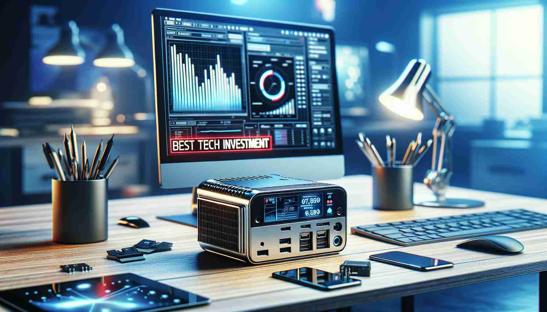 Generate a realistic high-definition image of a modern miniature computer. It should be sleek, compact, and metallic. The compact machine should have various ports that signify its high-tech capabilities. The setting is a home office environment with a modern desk, computer peripherals, and other tech gadgets around it. On the screen of the computer a graph is projected implying its efficiency and productivity. On the bottom-right hand corner, overlay a striking red tag with the words 'Best Tech Investment' to emphasize its value.