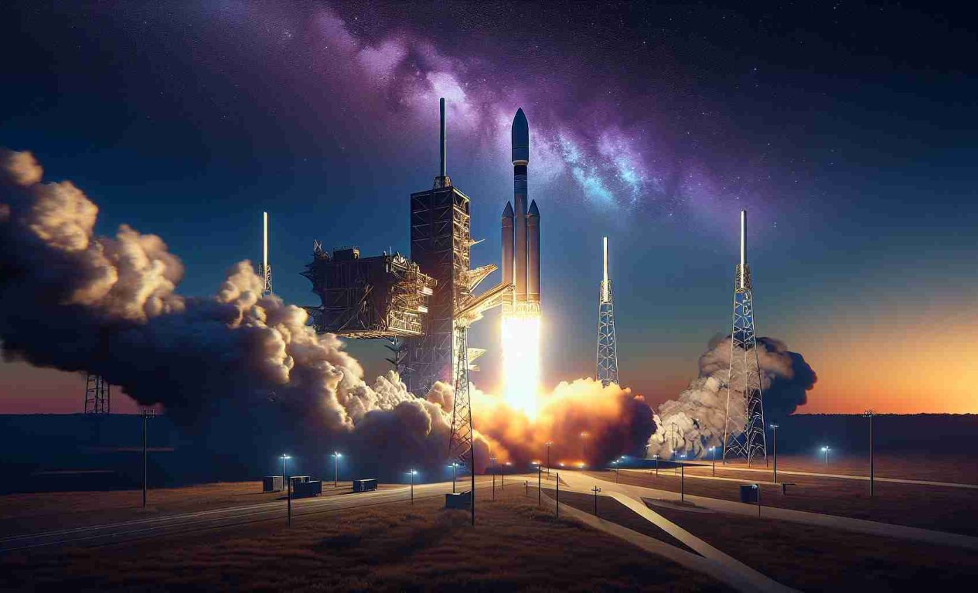 Generate a high-definition, realistic image of a powerful, commercial spacecraft blasting off into the sky. The spacecraft is launching a mysterious, unidentified satellite. The mission's details are kept secret, shrouded in intrigue, with the backdrop of a vividly painted dusk sky, a distant horizon, and the launching pad surrounded by high-tech equipment.