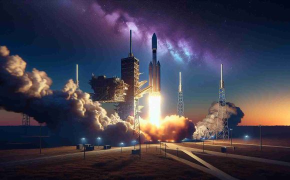 Generate a high-definition, realistic image of a powerful, commercial spacecraft blasting off into the sky. The spacecraft is launching a mysterious, unidentified satellite. The mission's details are kept secret, shrouded in intrigue, with the backdrop of a vividly painted dusk sky, a distant horizon, and the launching pad surrounded by high-tech equipment.