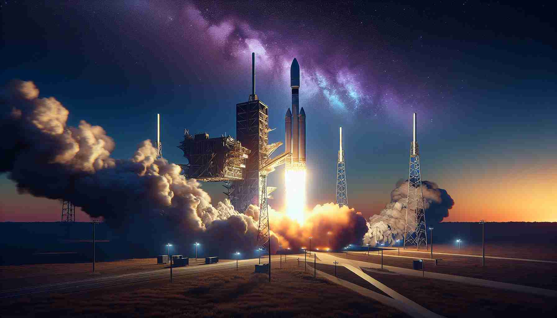 Generate a high-definition, realistic image of a powerful, commercial spacecraft blasting off into the sky. The spacecraft is launching a mysterious, unidentified satellite. The mission's details are kept secret, shrouded in intrigue, with the backdrop of a vividly painted dusk sky, a distant horizon, and the launching pad surrounded by high-tech equipment.