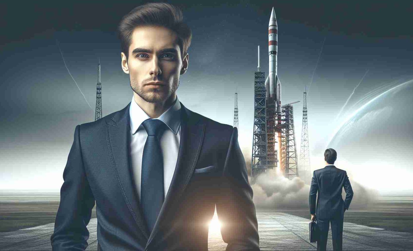 A high-definition, realistic image of a businessman in formal attire showing signs of uncertainty, standing next to an innovative entrepreneur who appears confident. They are both positioned in front of a backdrop of a rocket launch at a cutting-edge space exploration site, highlighting the contrasting dynamics.