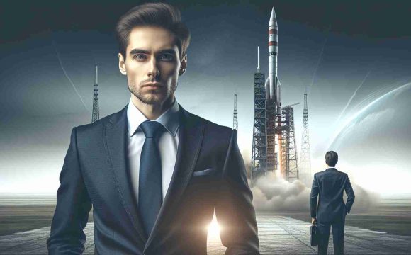 A high-definition, realistic image of a businessman in formal attire showing signs of uncertainty, standing next to an innovative entrepreneur who appears confident. They are both positioned in front of a backdrop of a rocket launch at a cutting-edge space exploration site, highlighting the contrasting dynamics.