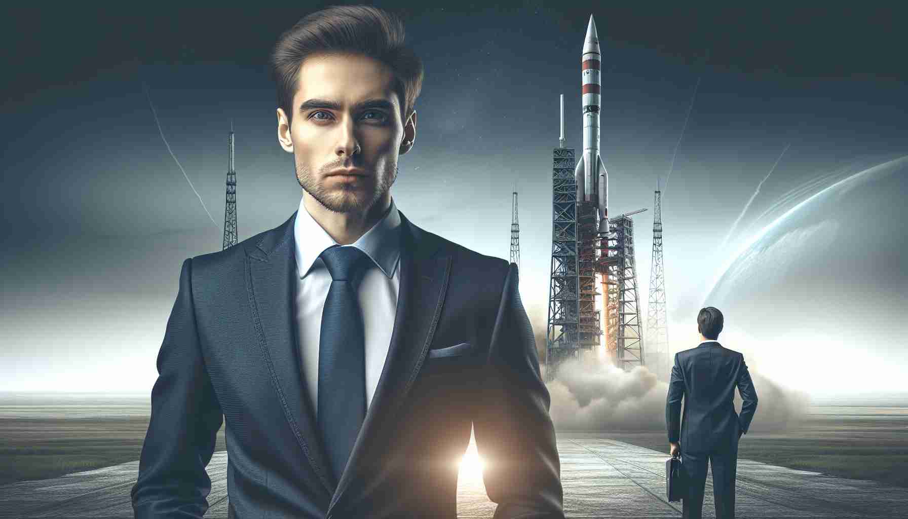 A high-definition, realistic image of a businessman in formal attire showing signs of uncertainty, standing next to an innovative entrepreneur who appears confident. They are both positioned in front of a backdrop of a rocket launch at a cutting-edge space exploration site, highlighting the contrasting dynamics.