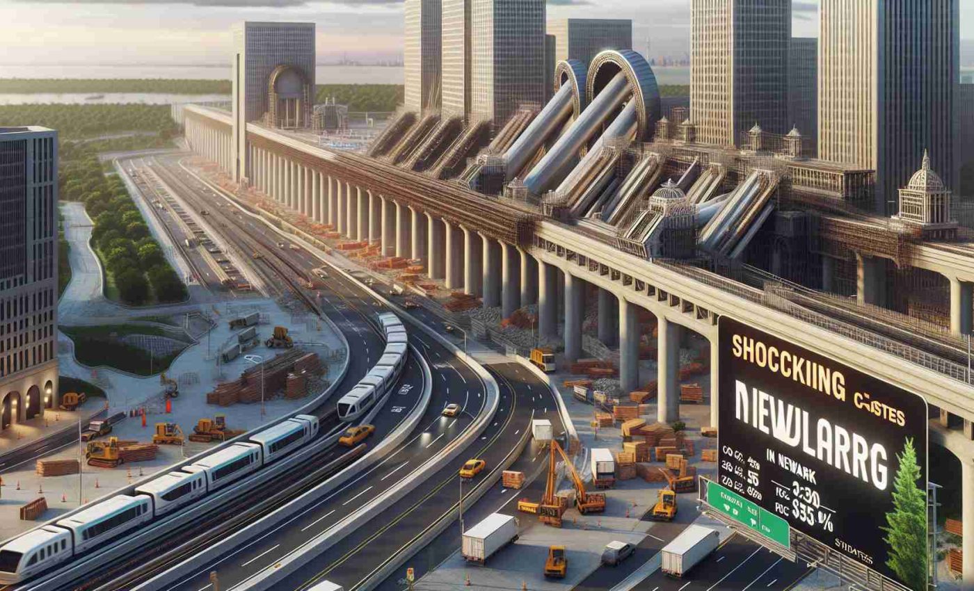 A realistic HD photo of a large infrastructure project in Newark, probably of transportation nature, with visually evident shocking cost increase. The scene might include construction equipment, elaborate architectural designs, and signs that suggest ballooning costs like statistical charts or billboards announcing raised prices.