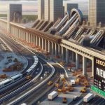 A realistic HD photo of a large infrastructure project in Newark, probably of transportation nature, with visually evident shocking cost increase. The scene might include construction equipment, elaborate architectural designs, and signs that suggest ballooning costs like statistical charts or billboards announcing raised prices.