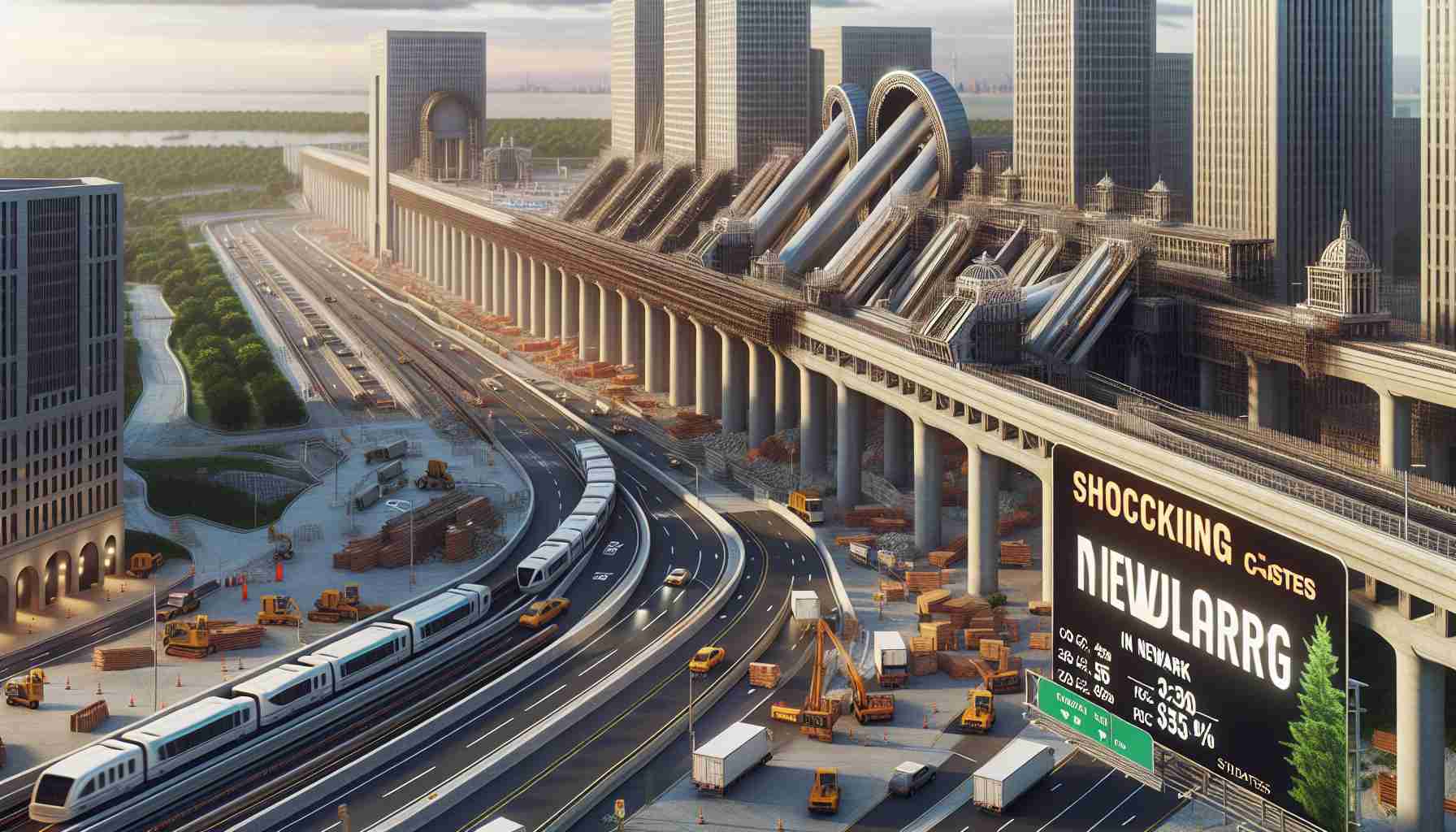 A realistic HD photo of a large infrastructure project in Newark, probably of transportation nature, with visually evident shocking cost increase. The scene might include construction equipment, elaborate architectural designs, and signs that suggest ballooning costs like statistical charts or billboards announcing raised prices.