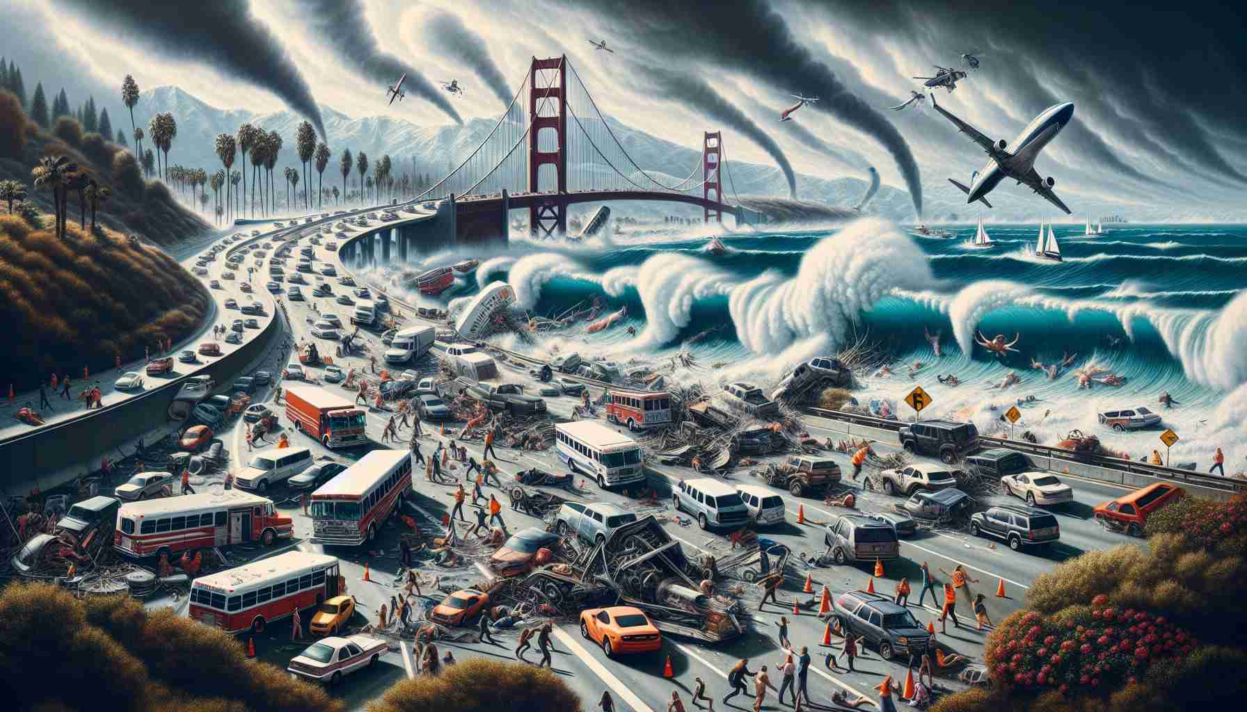 Create an image displaying a chaotic scene on a California highway in high-definition. Illustrate various vehicles spun out and in disarray, leading to major road closures. Include vivid details of weather effects, the panic and commotion among drivers, and the efforts of traffic control to manage the situation.