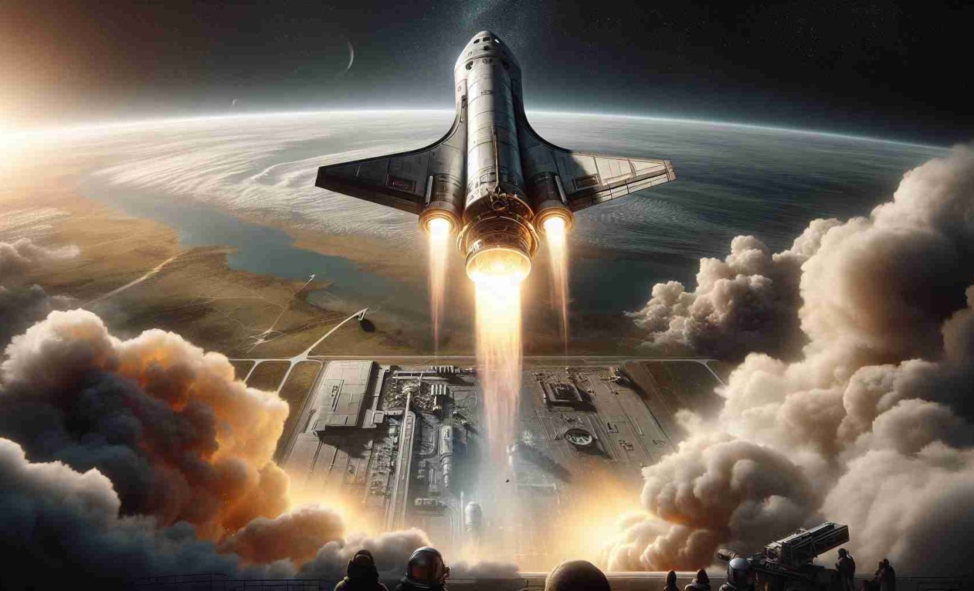 A high-definition, realistic image of a momentous event in space exploration history. Display a spaceship, reminiscent of the designs seen in forward-thinking aerospace companies, soaring to unprecedented heights during a test flight. The scene is imbued with a sense of progress and revolution, the spaceship breaking free from Earth's pull in a display of technological prowess. The skies are mostly clear, with a hint of clouds evaporating due to the heat of the launch. Below, onlookers marvel at this spectacle, their faces lit by the fiery glow of the spaceship's thrusters.