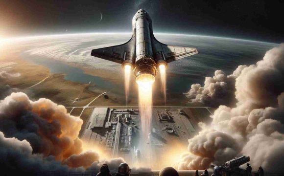 A high-definition, realistic image of a momentous event in space exploration history. Display a spaceship, reminiscent of the designs seen in forward-thinking aerospace companies, soaring to unprecedented heights during a test flight. The scene is imbued with a sense of progress and revolution, the spaceship breaking free from Earth's pull in a display of technological prowess. The skies are mostly clear, with a hint of clouds evaporating due to the heat of the launch. Below, onlookers marvel at this spectacle, their faces lit by the fiery glow of the spaceship's thrusters.