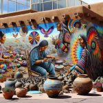 Realistic, high-definition photograph showcasing the remarkable artistic revolution taking place in Paguate, New Mexico. Picture should feature distinct elements of local culture, perhaps within the context of outdoor murals, handmade sculptures or pottery, and colorful handmade jewelry, fully reflecting the unique artistic spirit of this native community.