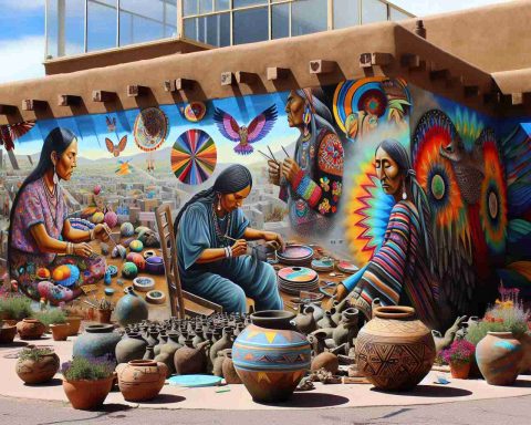 Realistic, high-definition photograph showcasing the remarkable artistic revolution taking place in Paguate, New Mexico. Picture should feature distinct elements of local culture, perhaps within the context of outdoor murals, handmade sculptures or pottery, and colorful handmade jewelry, fully reflecting the unique artistic spirit of this native community.