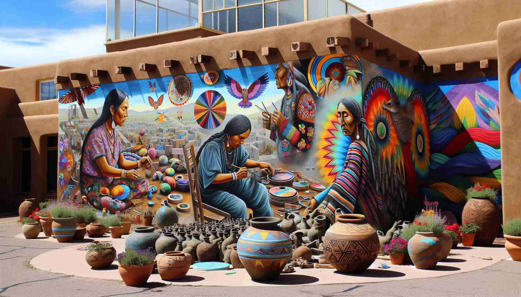 Realistic, high-definition photograph showcasing the remarkable artistic revolution taking place in Paguate, New Mexico. Picture should feature distinct elements of local culture, perhaps within the context of outdoor murals, handmade sculptures or pottery, and colorful handmade jewelry, fully reflecting the unique artistic spirit of this native community.