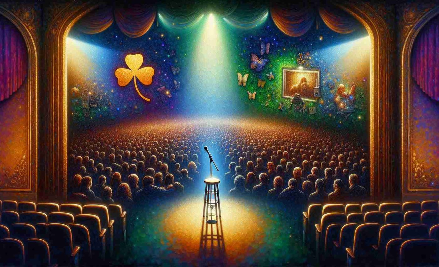 A vivid, high-definition depiction that evokes a sense of farewell. Emphasize the somber, yet appreciative atmosphere associated with the passing of a beloved figure. Include symbolic elements like a dimly lit stage with a single microphone, an empty stool, an audience filled with people of diverse descents, expressing a range of emotions from sadness to gratitude. Also, incorporate Irish cultural elements such as a shamrock or other symbolic Irish iconography, but do not directly reference specific individuals.