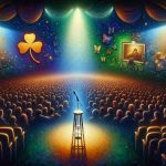 A vivid, high-definition depiction that evokes a sense of farewell. Emphasize the somber, yet appreciative atmosphere associated with the passing of a beloved figure. Include symbolic elements like a dimly lit stage with a single microphone, an empty stool, an audience filled with people of diverse descents, expressing a range of emotions from sadness to gratitude. Also, incorporate Irish cultural elements such as a shamrock or other symbolic Irish iconography, but do not directly reference specific individuals.